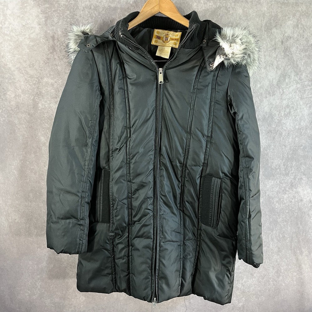 Bare Fox Flying Jacket Womens Large Black Faux Fur Hood Puffer Parka Coat Cozy
